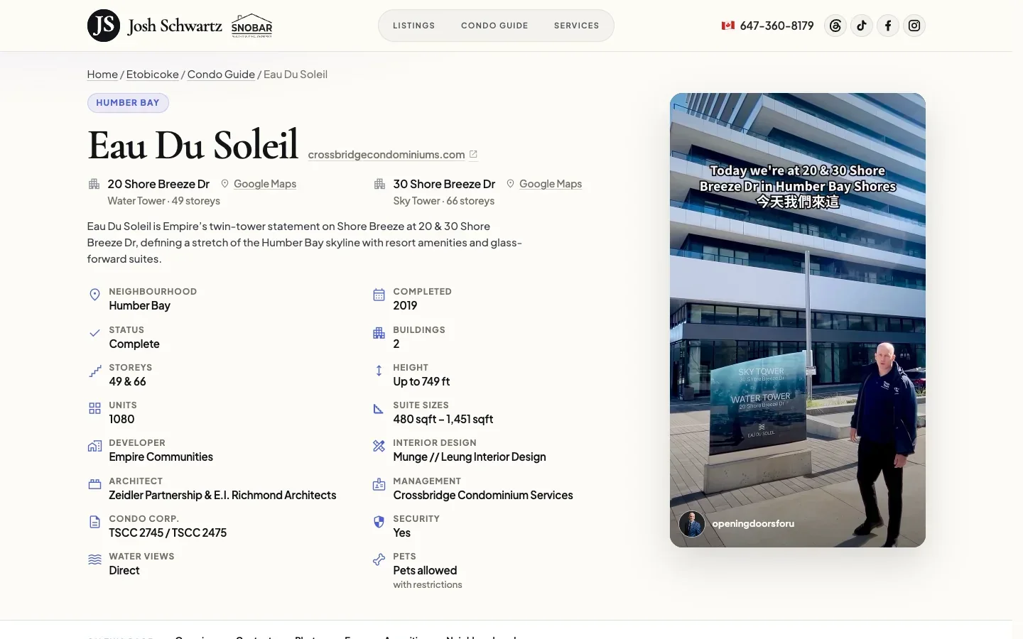 Eau Du Soleil building tour page at 20 Shore Breeze with video