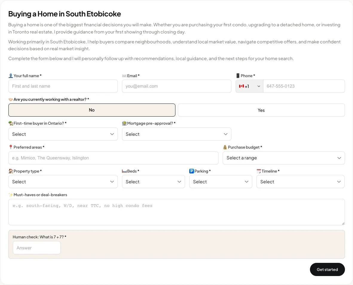 Buyer form after selecting No, with expanded intake fields