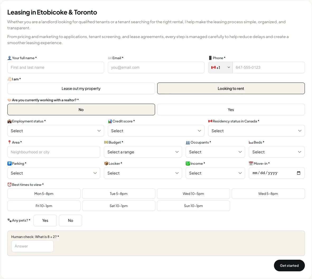 Lease form after selecting No, with expanded intake fields