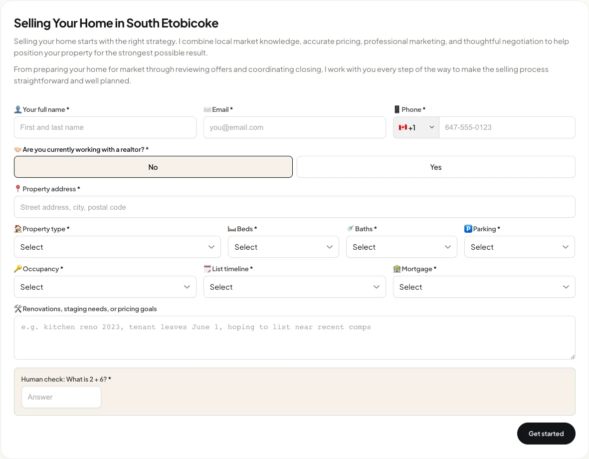 Seller form after selecting No, with expanded intake fields