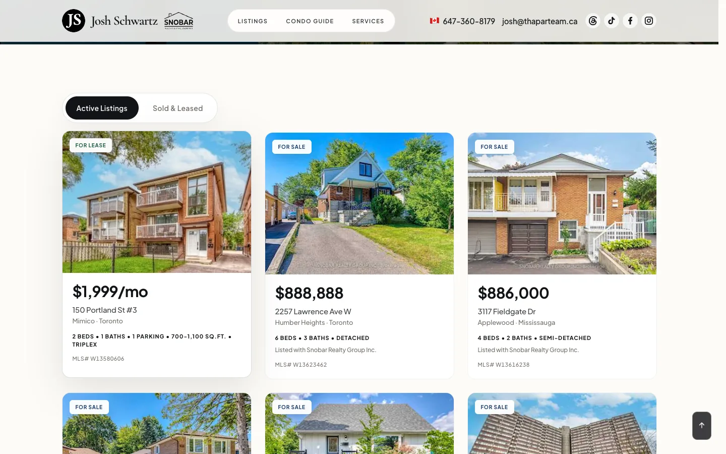 Active listings grid with property cards