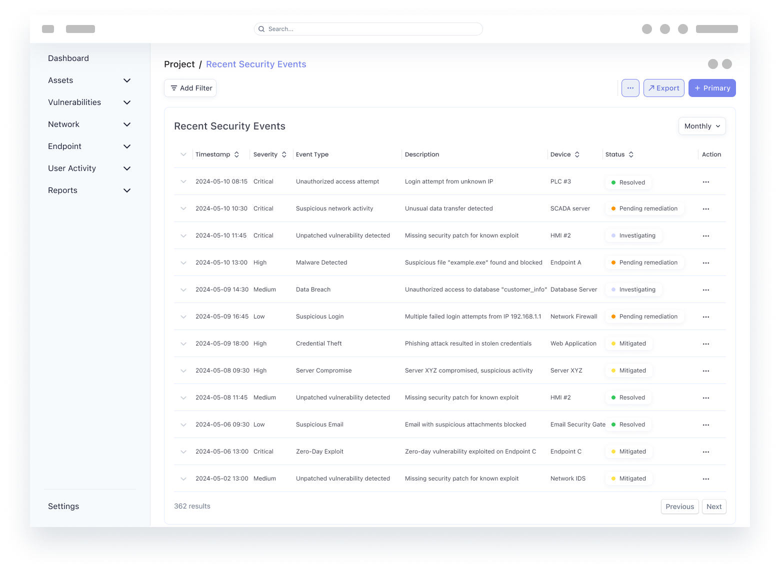 Enterprise OT Security — Expandable rows enabling progressive disclosure instead of one oversized static detail panel.