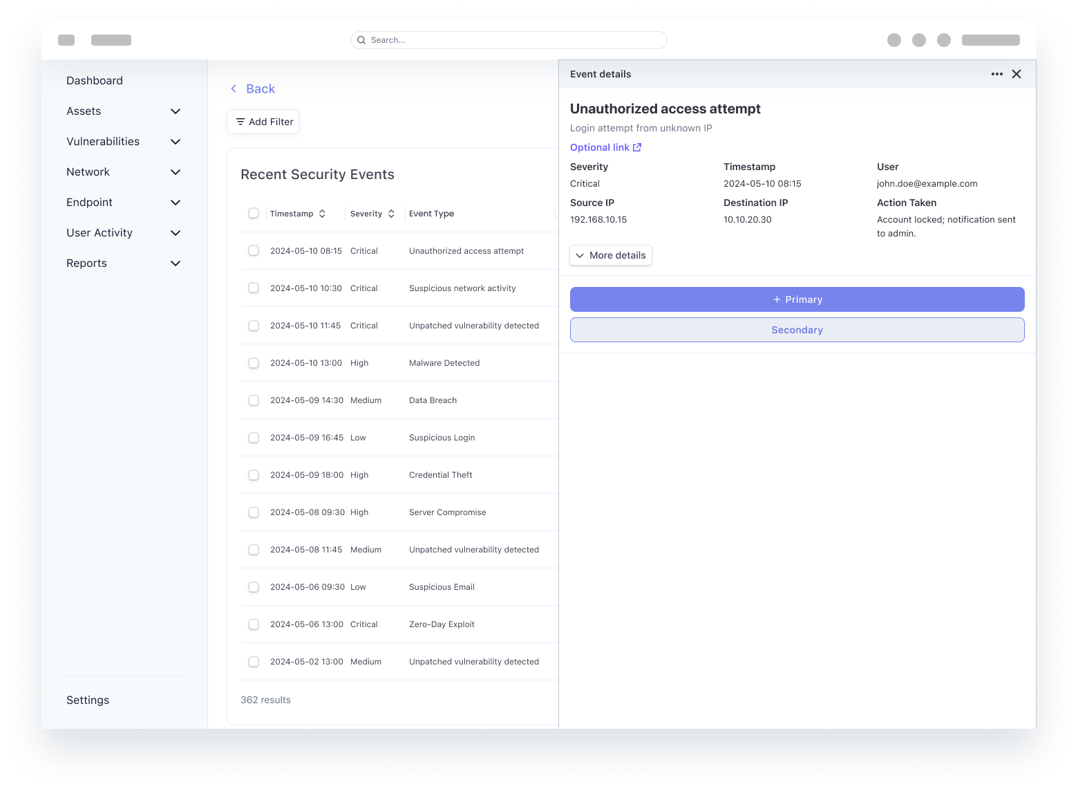 Enterprise OT Security — Half-page detail while keeping list context.
