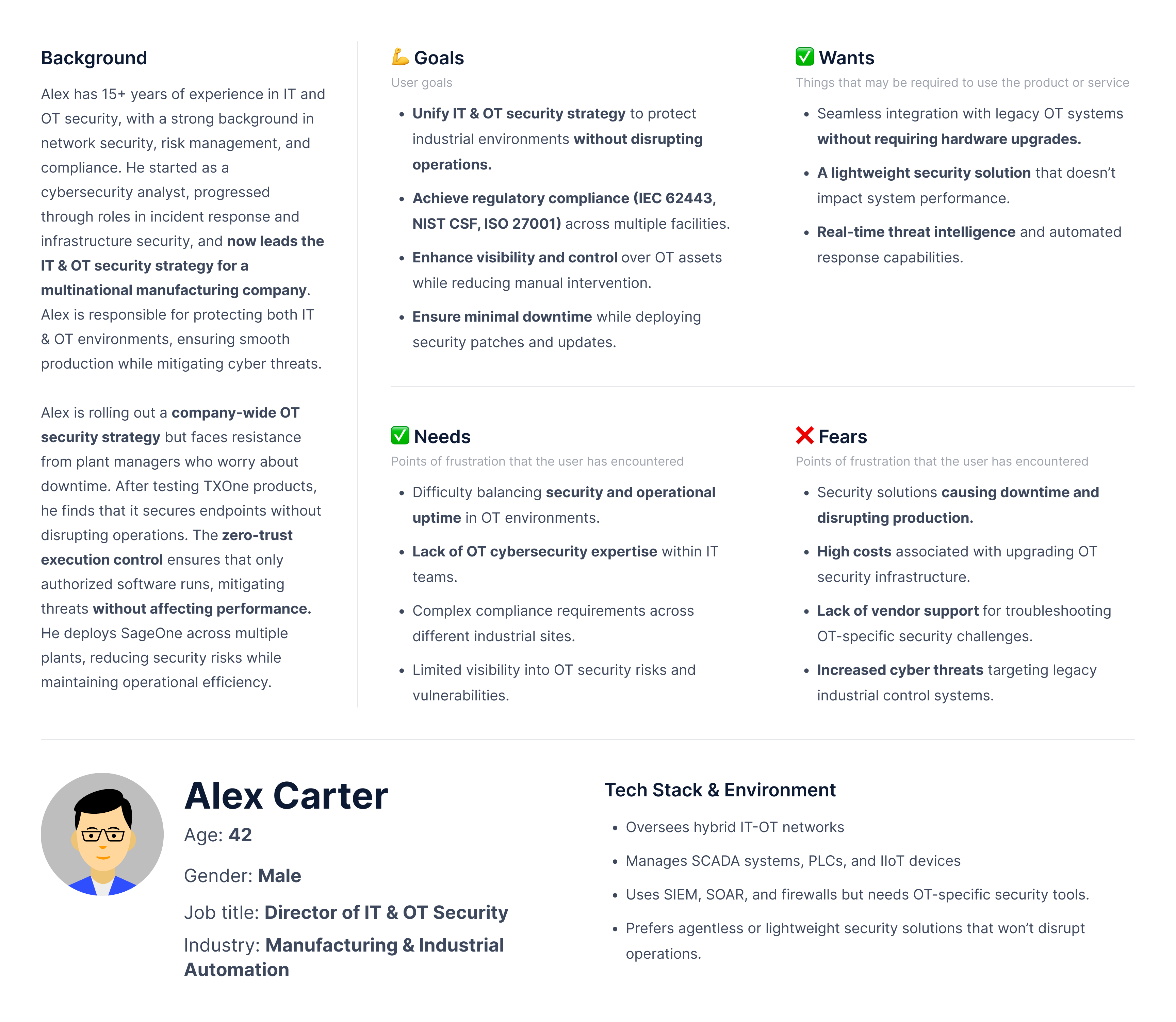 Enterprise OT Security — Personas mapped security vs plant vs management needs so decisions were grounded in actual roles.